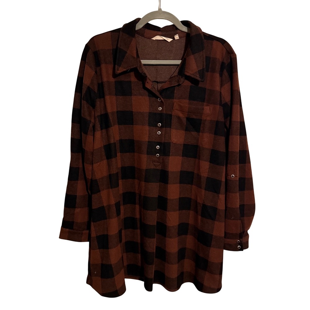 Soft Surroundings Brown Buffalo Plaid Henley Tunic Top XL Long Sleeve Fall